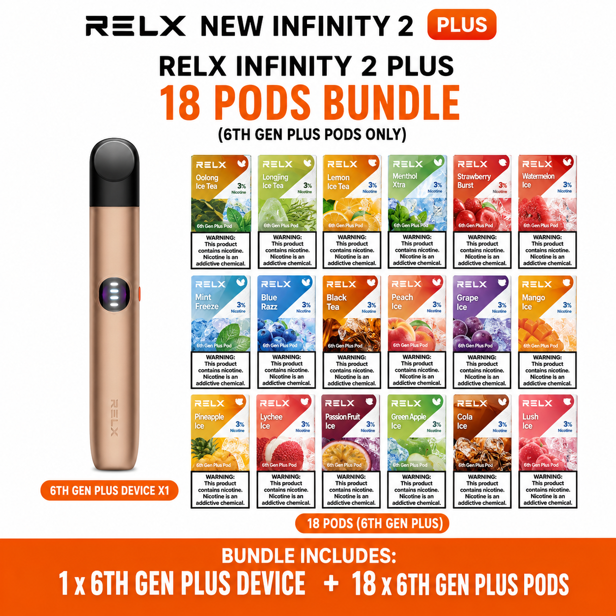 924d3b45-92ee-4003-ba4b-e663ff8061c2 RELX INFINITY 2 PLUS Pod Kit Bundle with 18 Pods (6th Gen Plus No Text) - Image 1